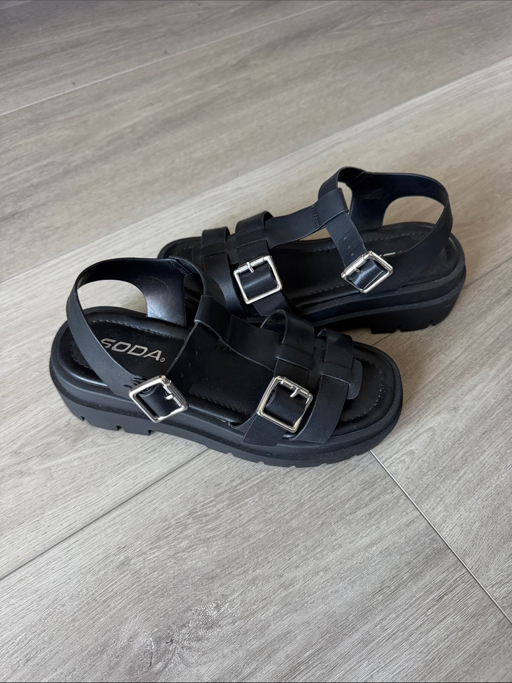 Soda Black Buckle Platform Sandals